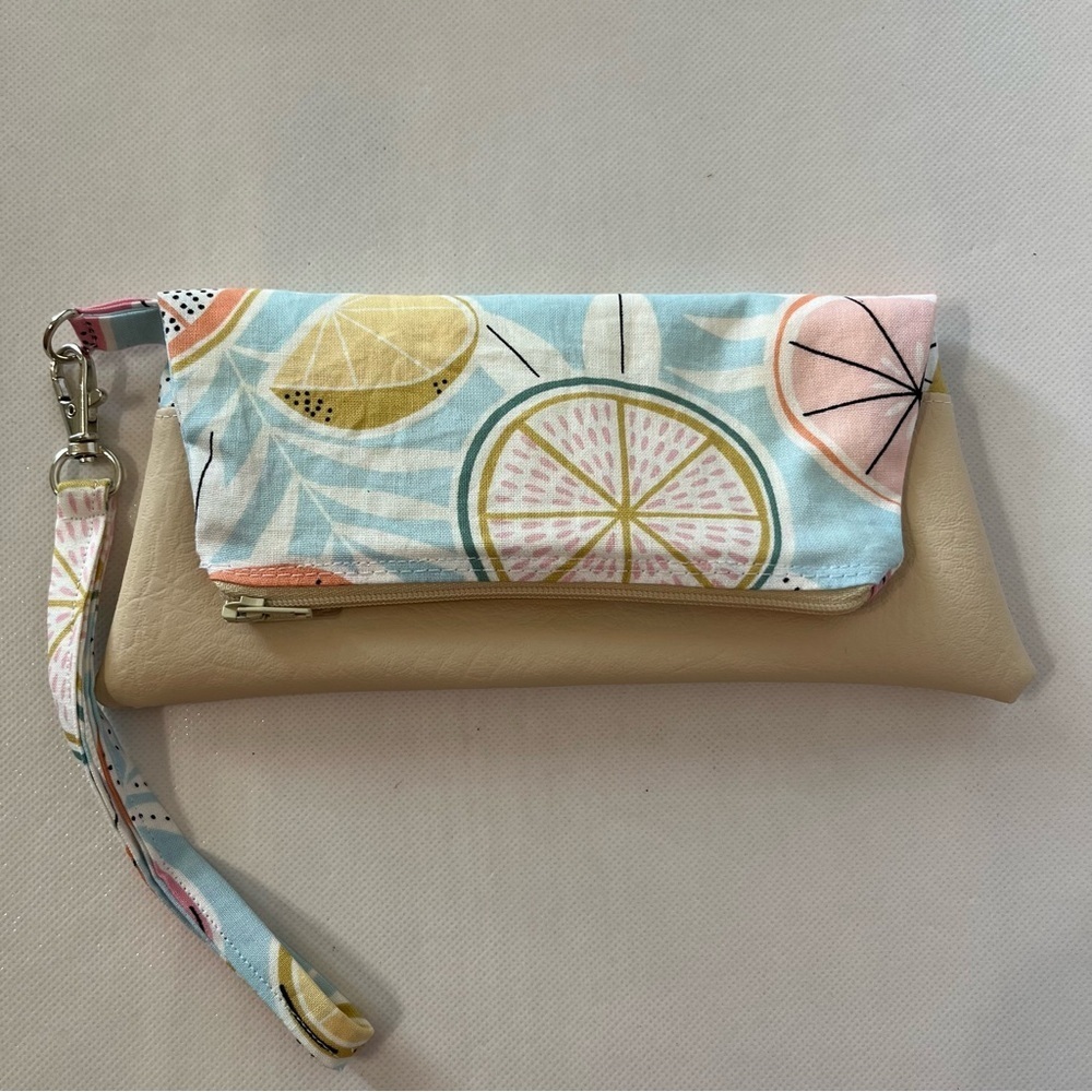 Handmade Fold Over Mini Clutch Wristlet Bag Fruit Fabric Faux Leather
